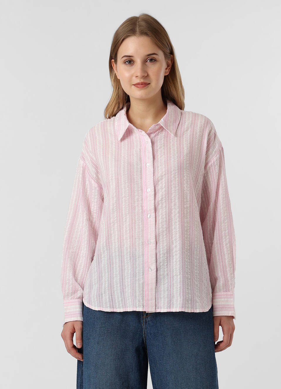 Women Pink Textured Striped Oversized Casual Shirt, , large image number 1