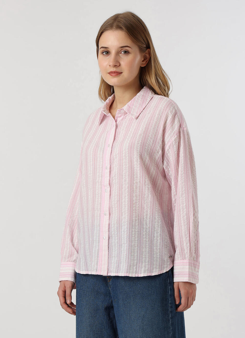 Women Pink Textured Striped Oversized Casual Shirt, , large image number 3