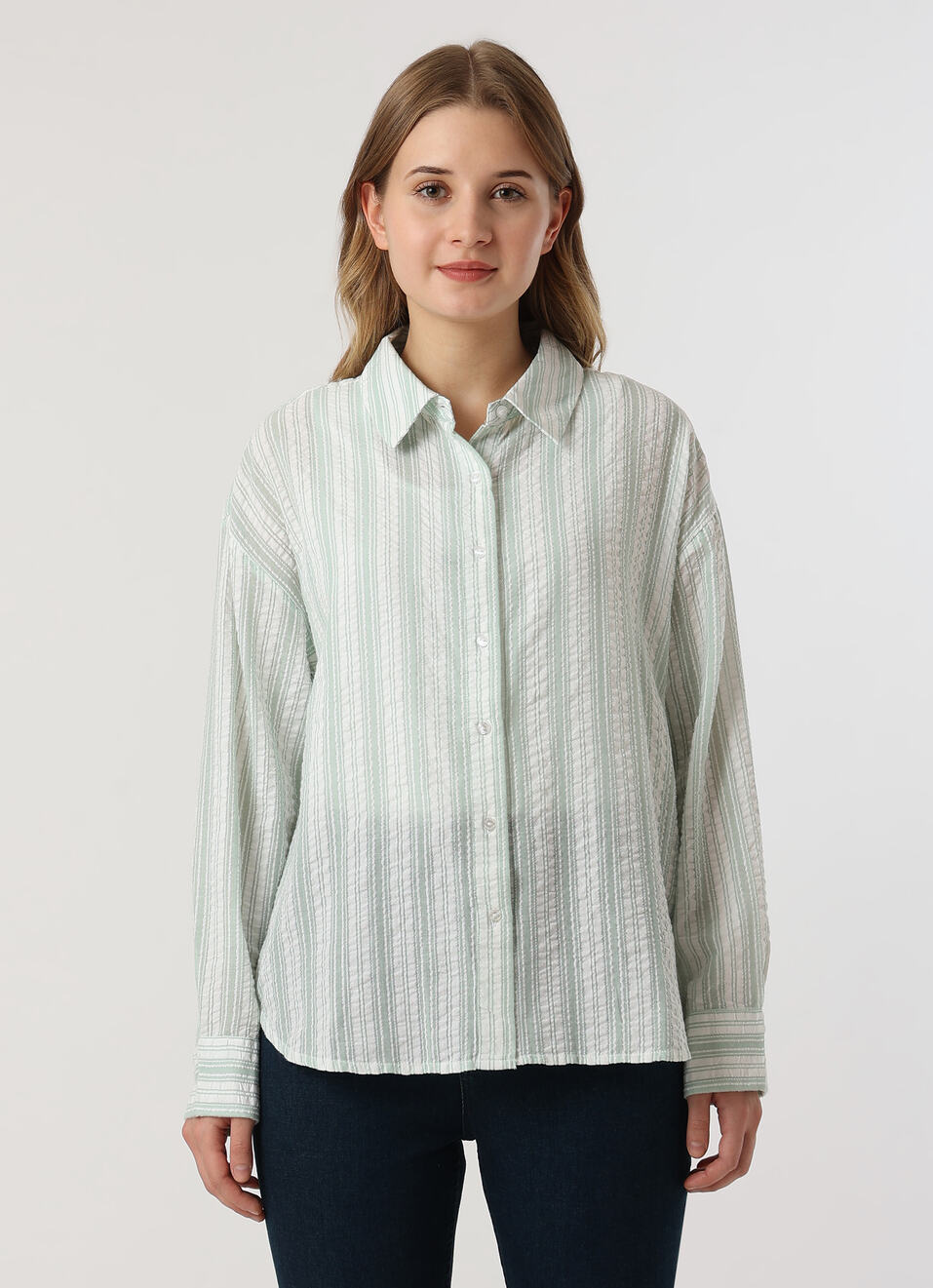 Women Green Textured Striped Oversized Casual Shirt, , large image number 1