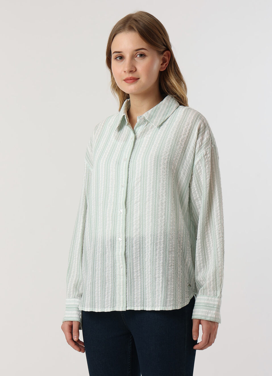 Women Green Textured Striped Oversized Casual Shirt, , large image number 3