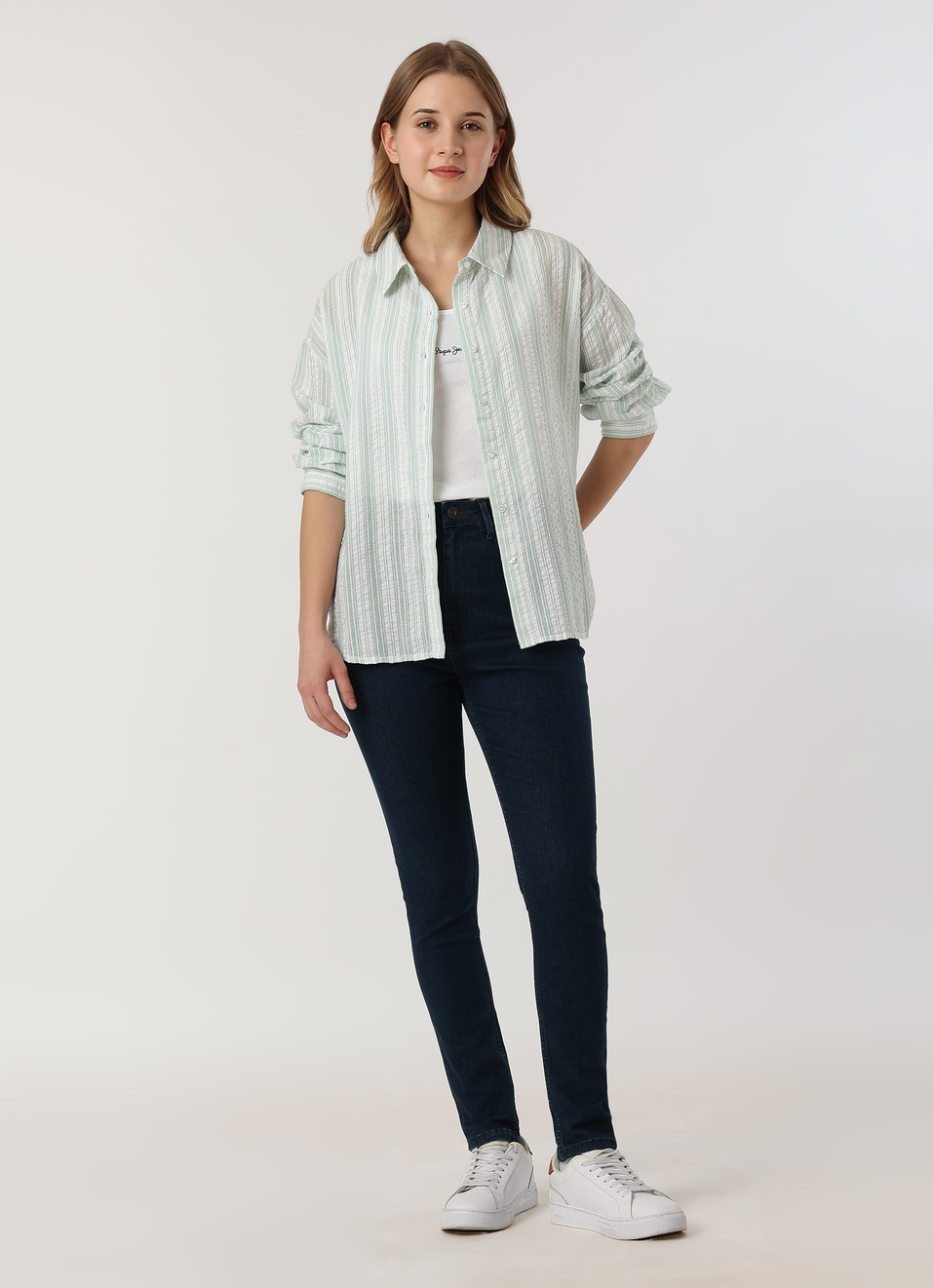 Women Green Textured Striped Oversized Casual Shirt, , large image number 5