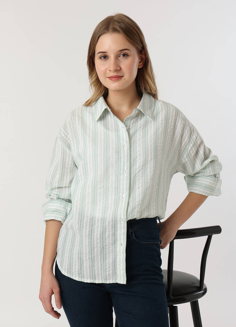 Women Green Textured Striped Oversized Casual Shirt, , large image number 0