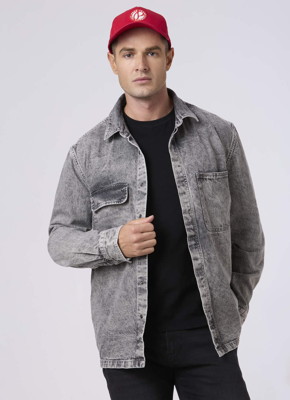Men Grey Oversized Utility Pockets Denim Shirt, , large image number 0