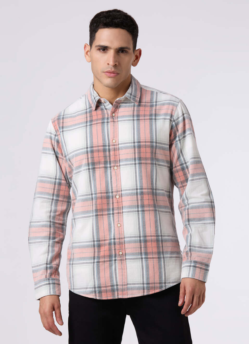 Men Peach Orange Checked Regular Fit Full Sleeve Shirt, , large image number 1