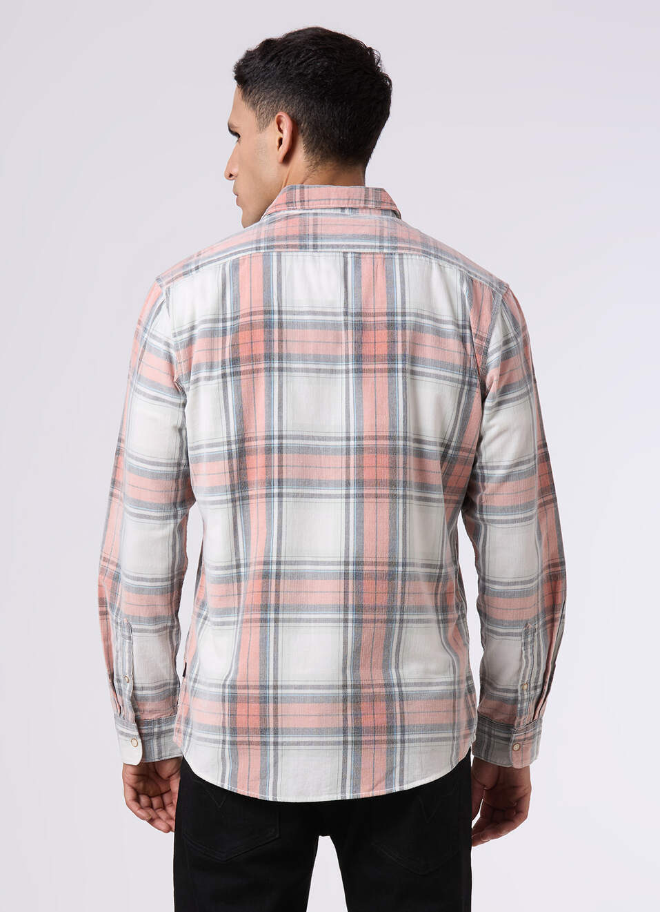 Men Peach Orange Checked Regular Fit Full Sleeve Shirt, , large image number 2