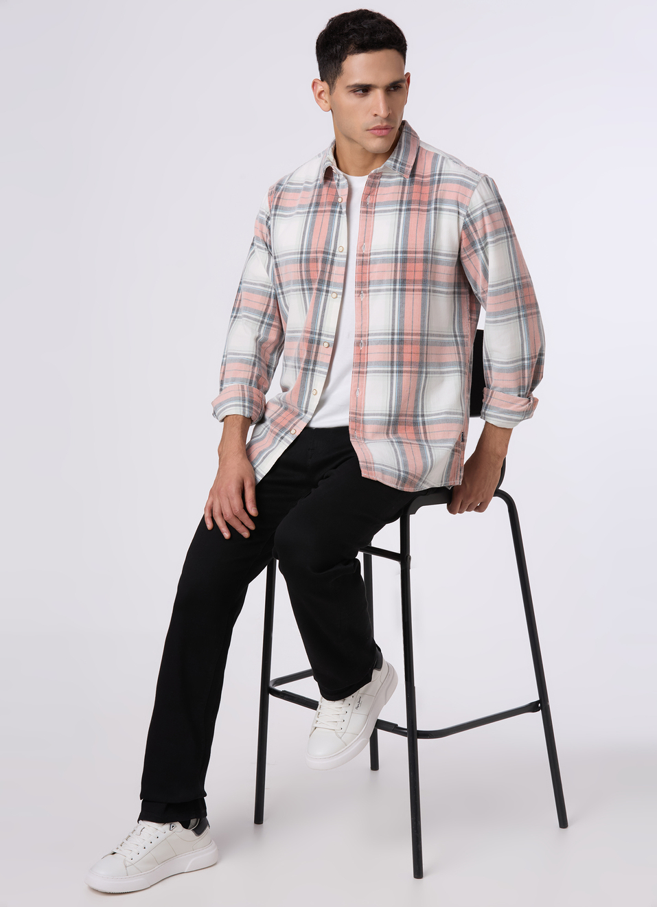 Men Peach Orange Checked Regular Fit Full Sleeve Shirt, , large image number 5