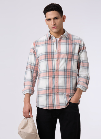 Men Peach Orange Checked Regular Fit Full Sleeve Shirt