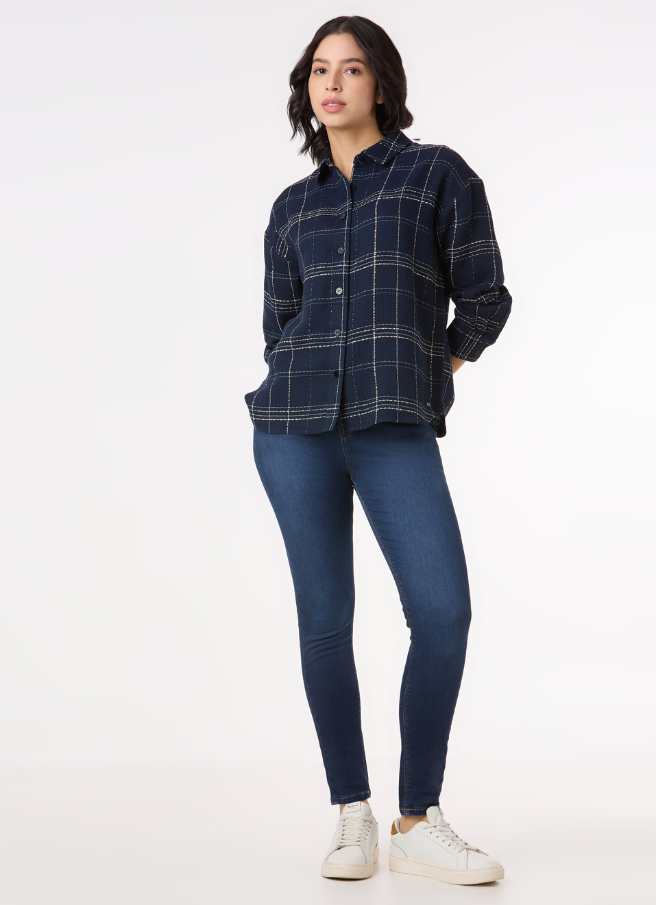 Women Navy Checked Oversized Shirt, , large image number 5