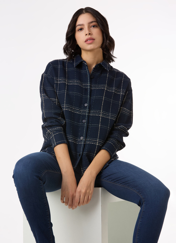 Women Navy Checked Oversized Shirt