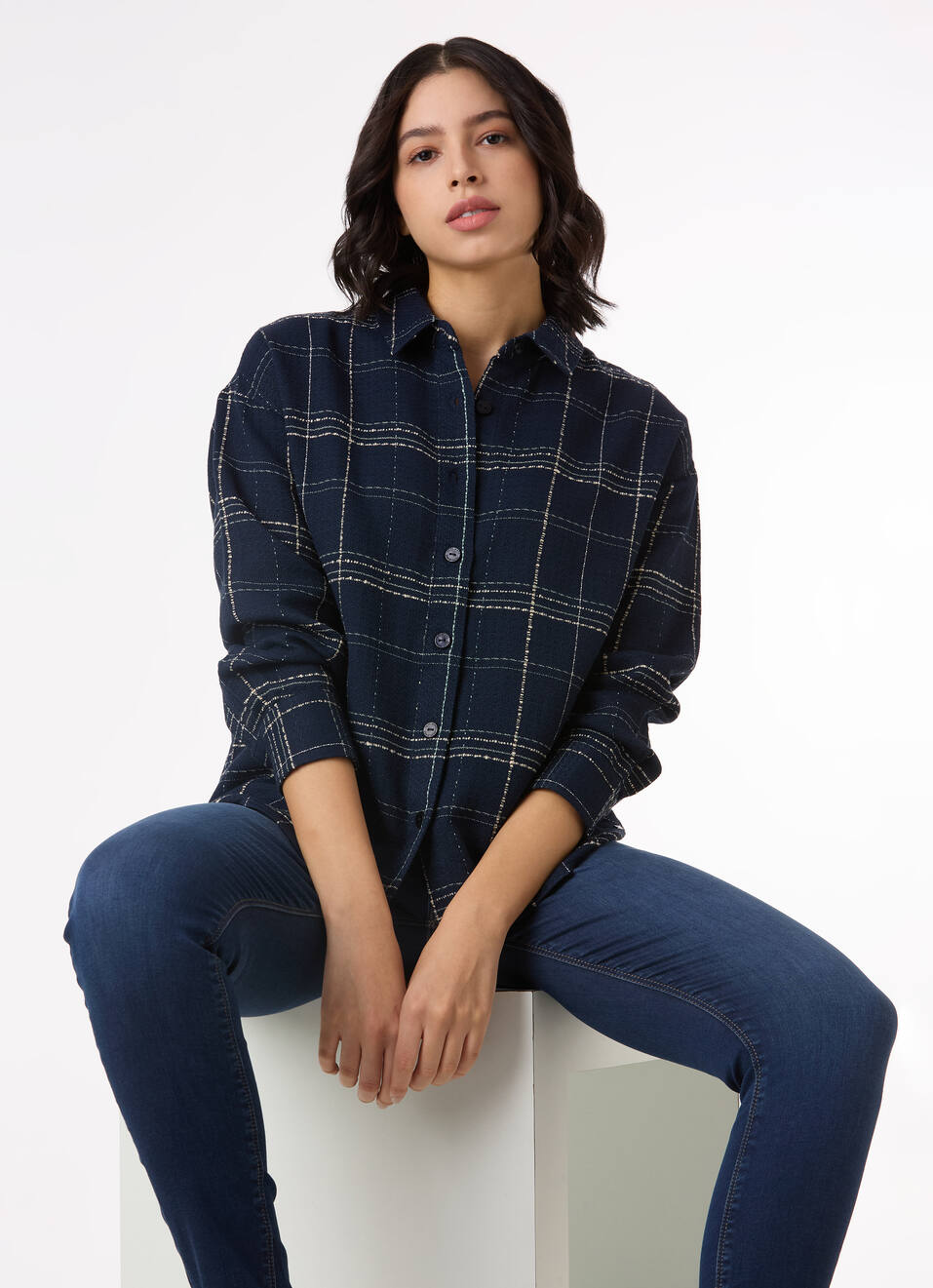Women Navy Checked Oversized Shirt, , large image number 0