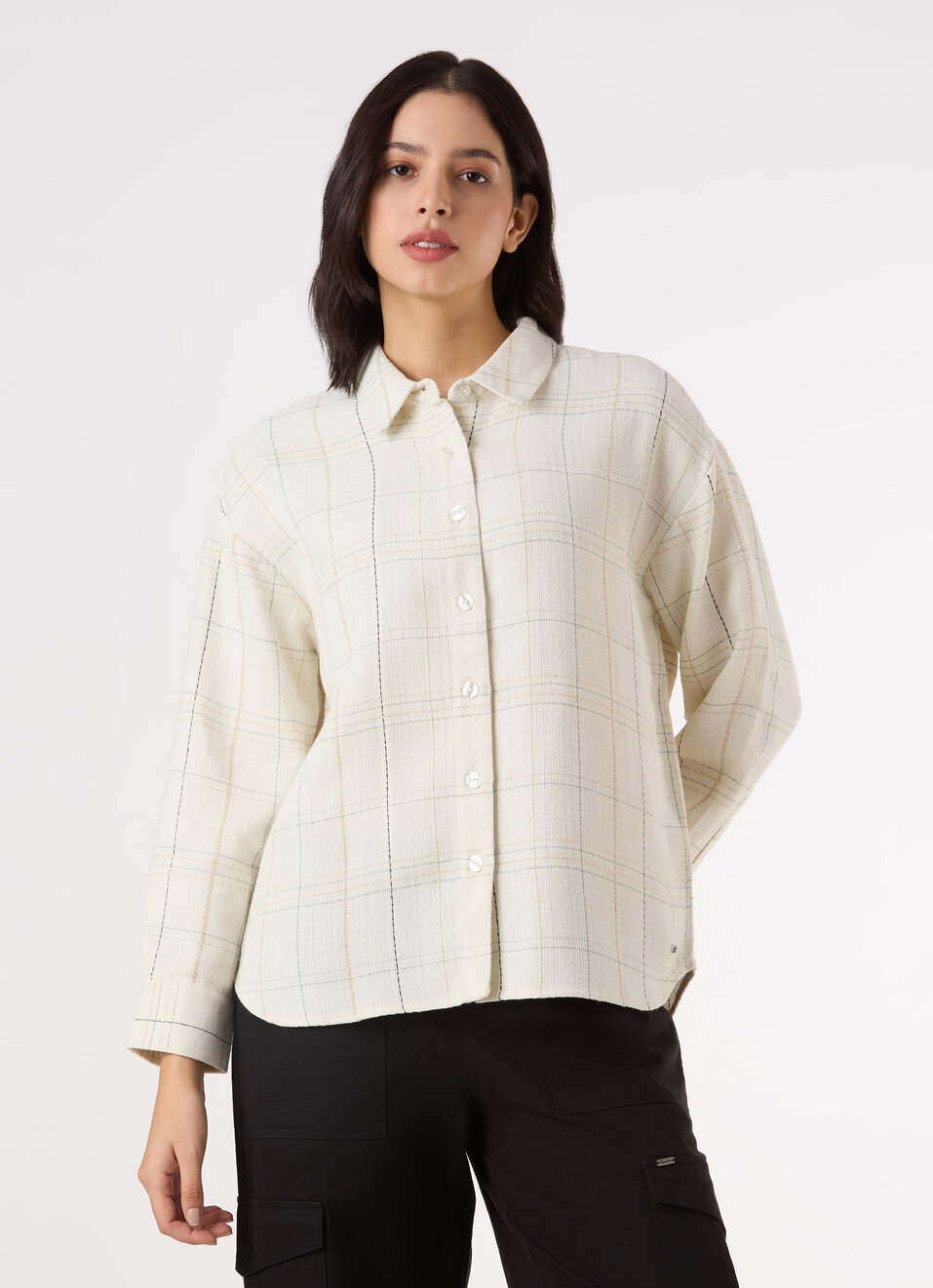 Women White Checked Oversized Shirt, , large image number 1