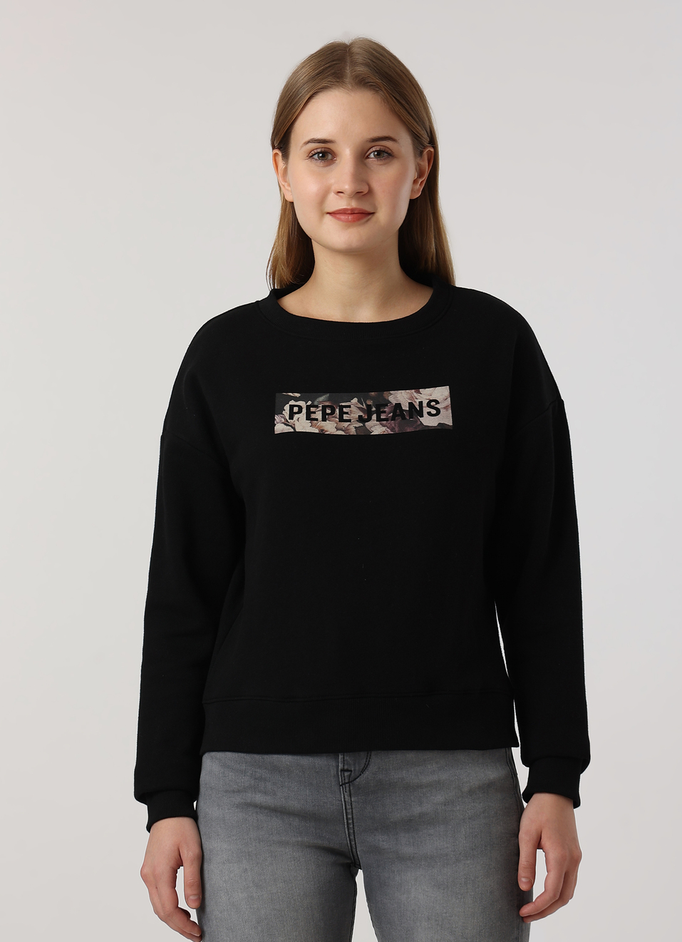 Women Black Comfort Fit Camouflage Logo Crew Neck Sweatshirt, , large image number 1