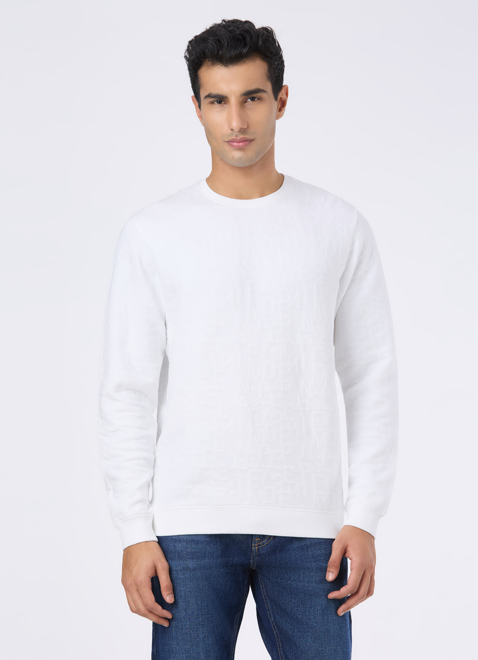 Men White Self Textured Regular Fit Sweatshirt, , large image number 1