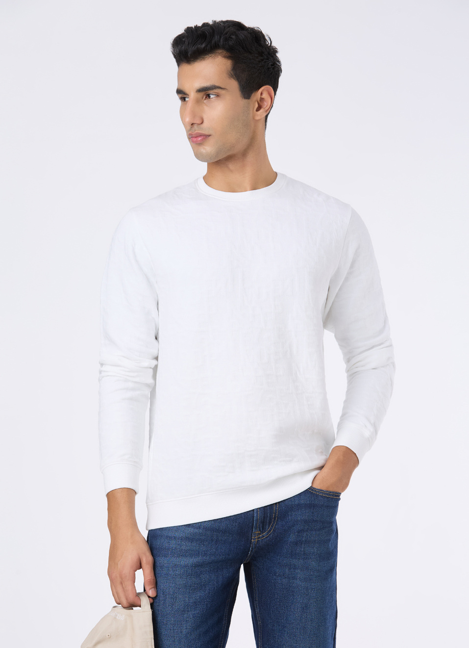 Men White Self Textured Regular Fit Sweatshirt, , large image number 0