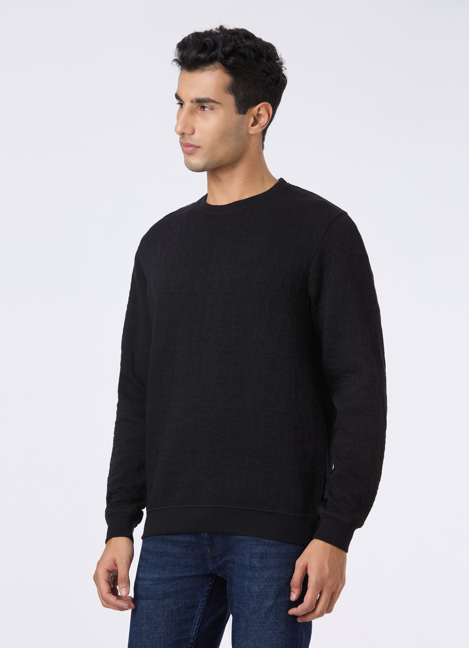 Men Black Self Textured Regular Fit Sweatshirt, , large image number 3
