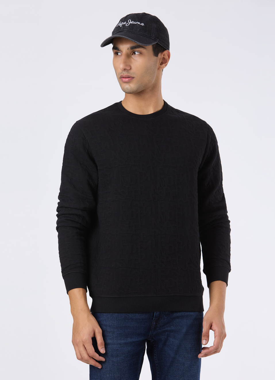 Men Black Self Textured Regular Fit Sweatshirt, , large image number 0