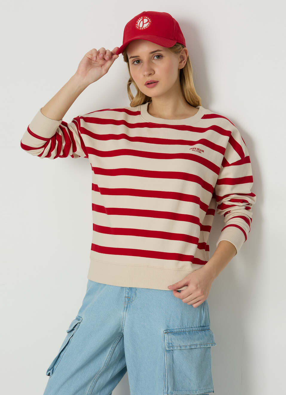 Women Red Stripe Comfort Fit Sweatshirt, , large image number 0