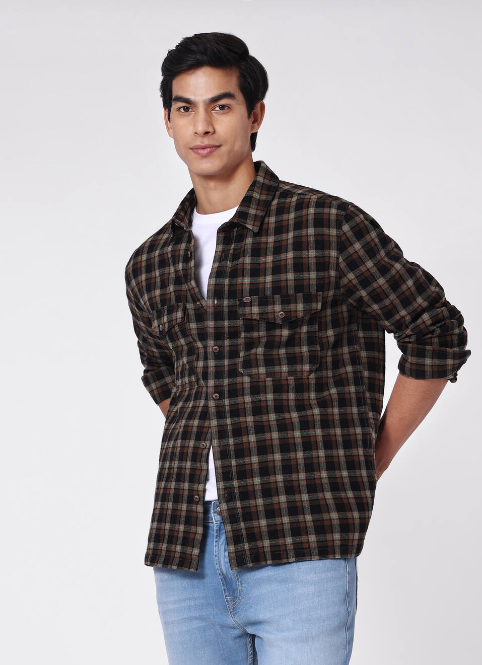 Men Brown Oversized Checked Shirt, , large image number 0