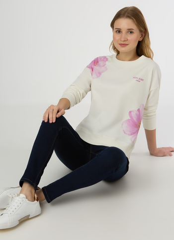 Women Off White Floral Print Comfort Fit Sweatshirt