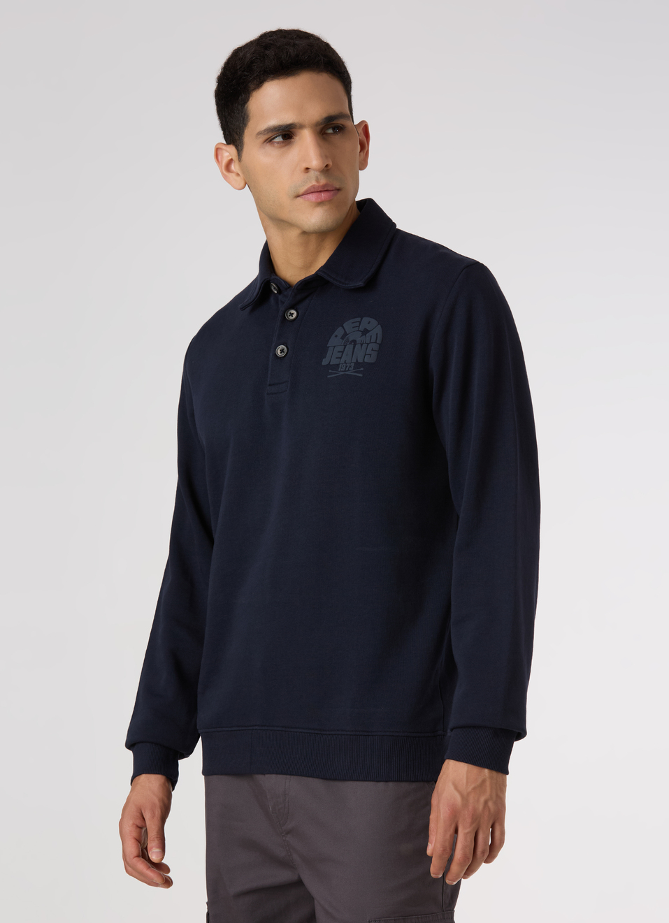 Men Navy Regular Fit Solid Polo Neck Sweatshirt, , large image number 3