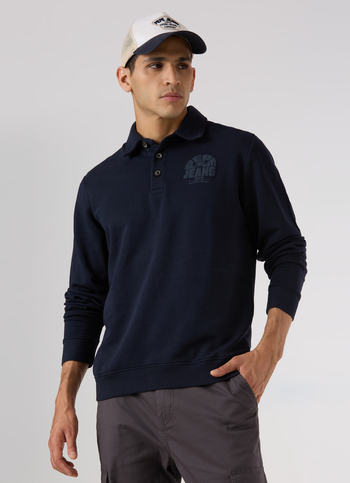 Men Navy Regular Fit Solid Polo Neck Sweatshirt