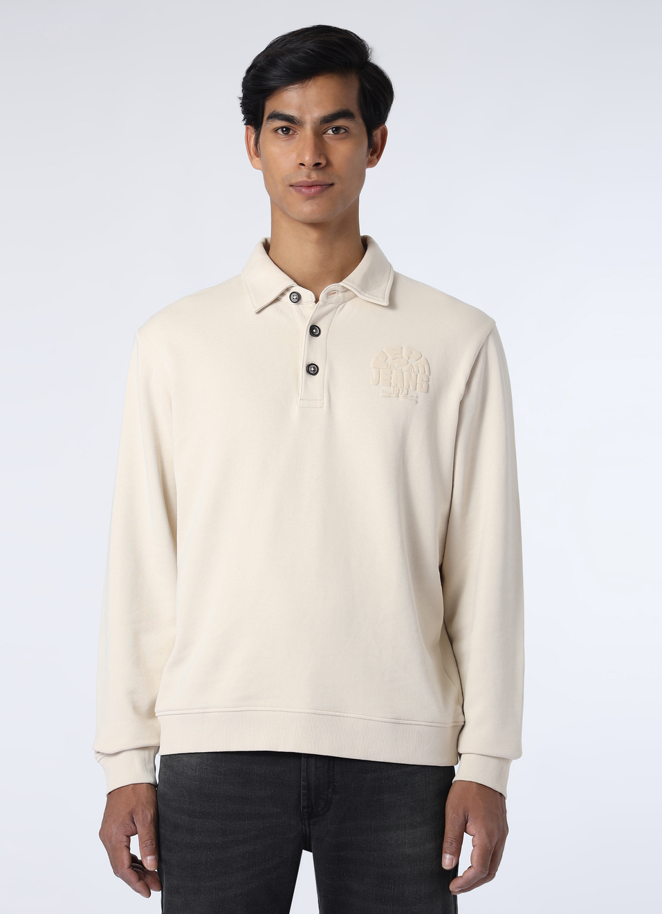 Men Ivory White Regular Fit Solid Polo Neck Sweatshirt, , large image number 1