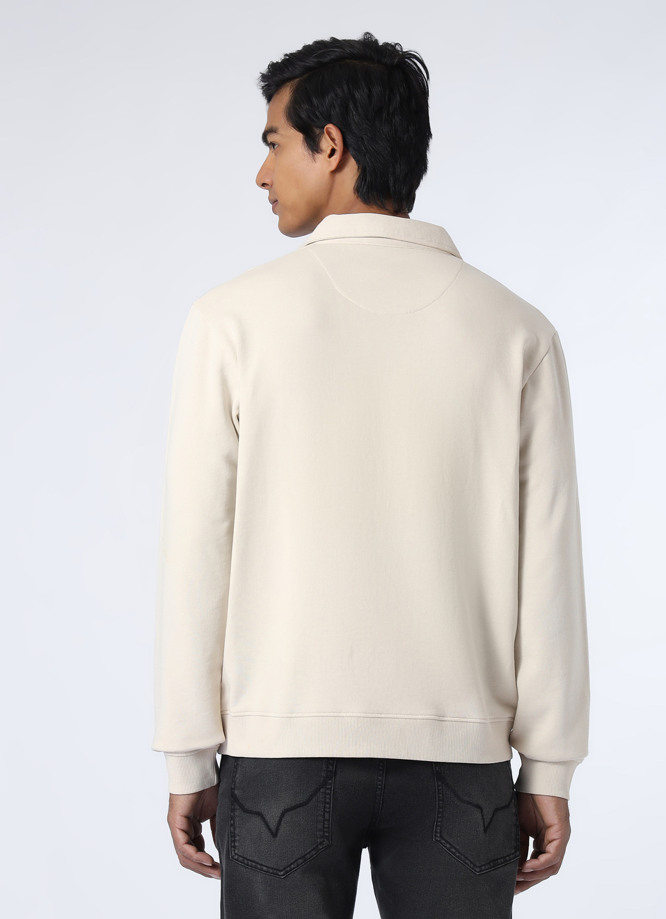 Men Ivory White Regular Fit Solid Polo Neck Sweatshirt, , large image number 2