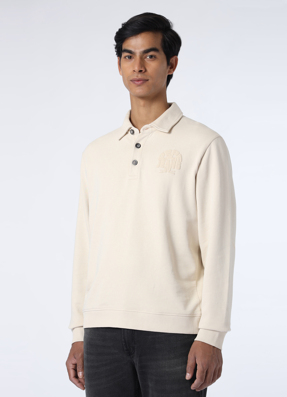 Men Ivory White Regular Fit Solid Polo Neck Sweatshirt, , large image number 3