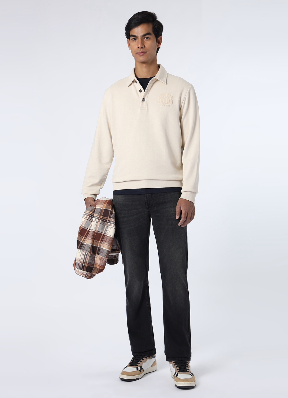 Men Ivory White Regular Fit Solid Polo Neck Sweatshirt, , large image number 5