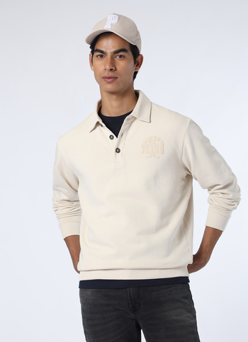 Men Ivory White Regular Fit Solid Polo Neck Sweatshirt