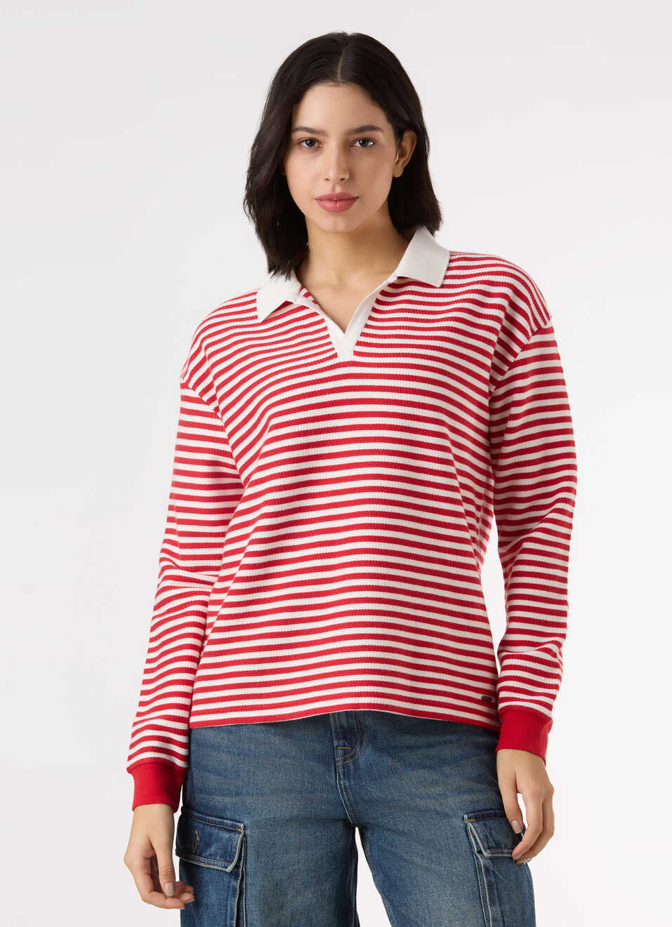 Women Red Stripe Comfort Fit Polo Sweatshirt, , large image number 1