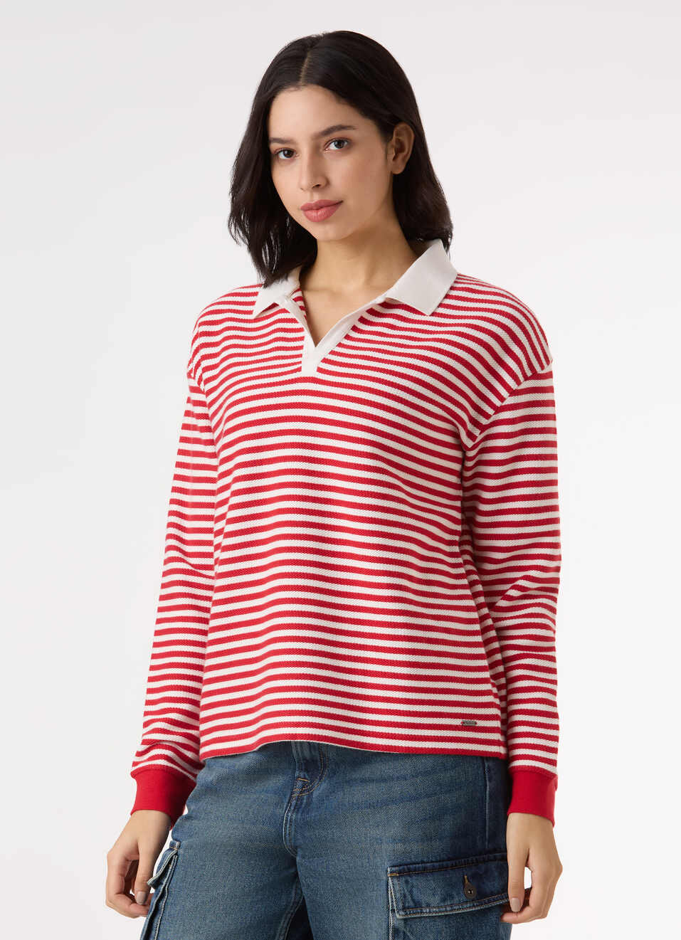 Women Red Stripe Comfort Fit Polo Sweatshirt, , large image number 3