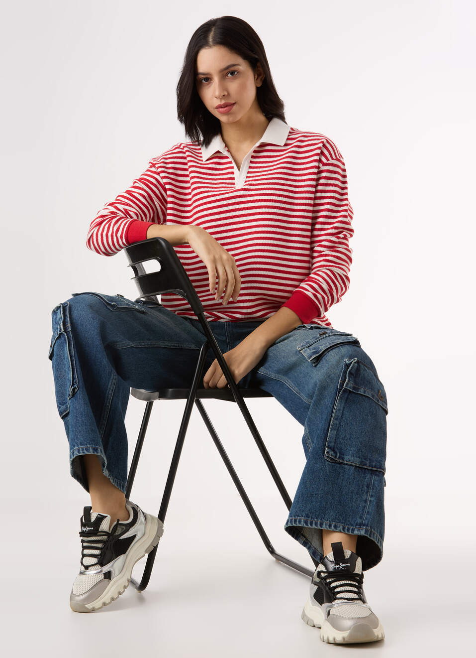 Women Red Stripe Comfort Fit Polo Sweatshirt, , large image number 5