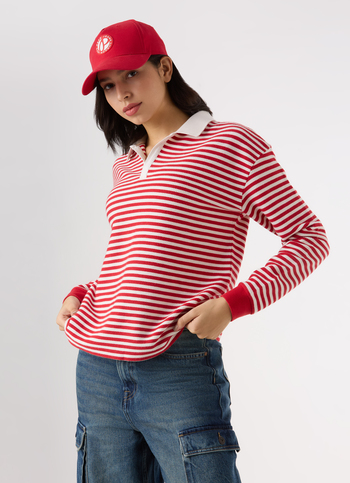 Women Red Stripe Comfort Fit Polo Sweatshirt