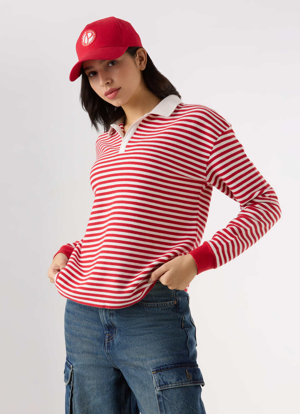 Women Red Stripe Comfort Fit Polo Sweatshirt, , large image number 0