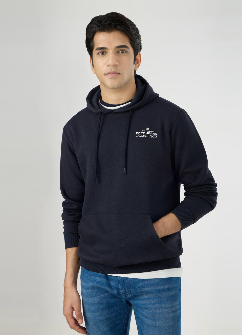 Men Navy Back Graphic Print Regular Fit Hoodie, , large image number 0