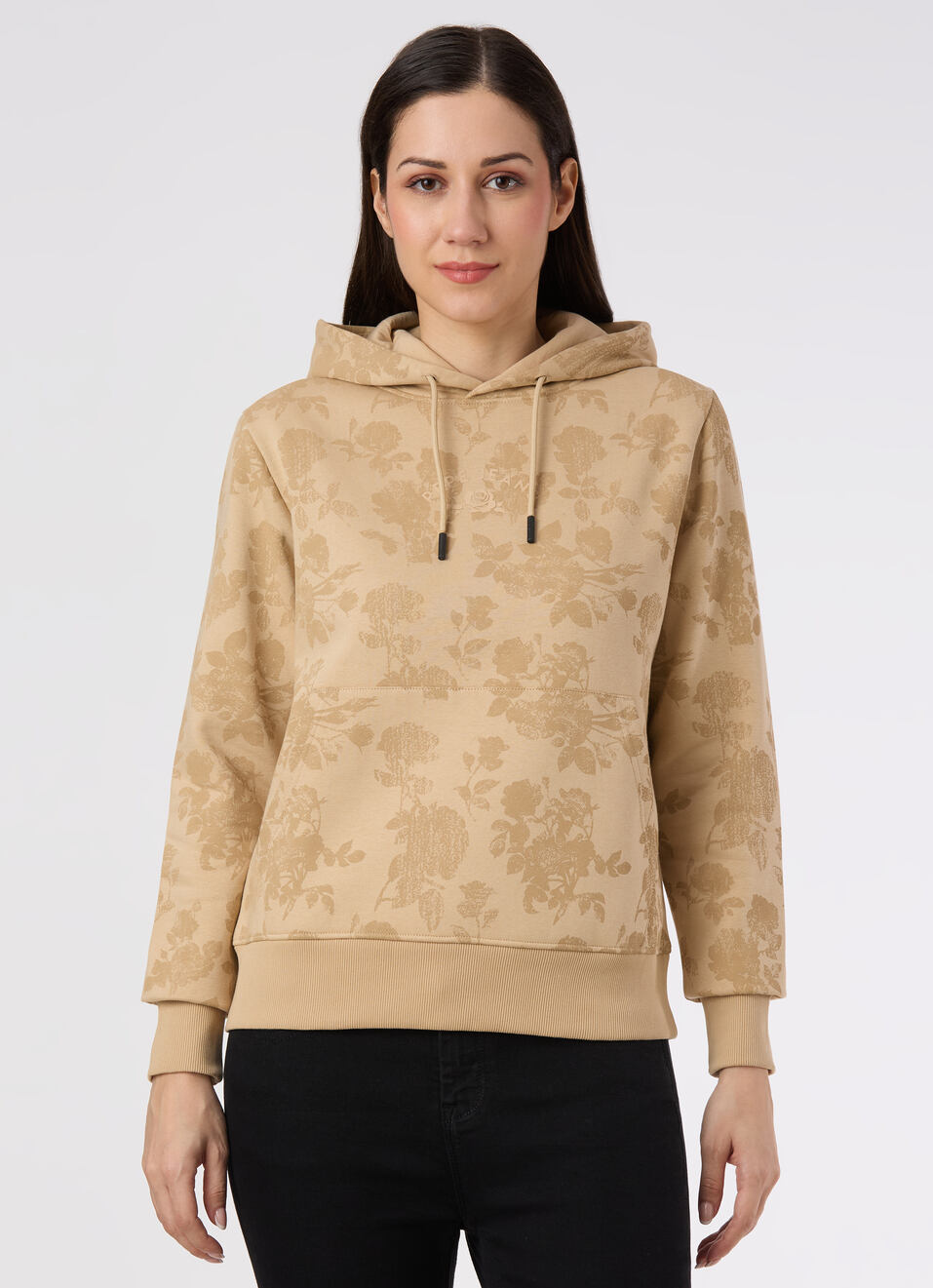 Women Beige Floral Print Hoodie Sweatshirt, , large image number 1