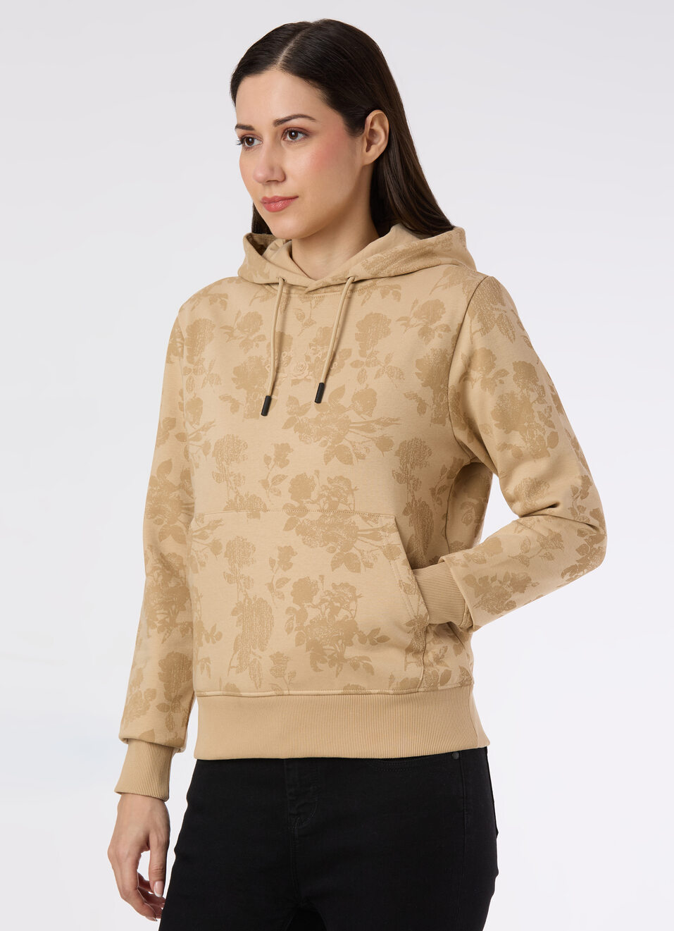 Women Beige Floral Print Hoodie Sweatshirt, , large image number 3