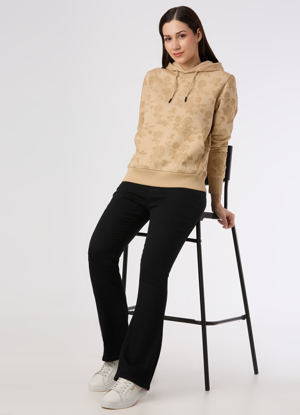 Women Beige Floral Print Hoodie Sweatshirt, , large image number 5