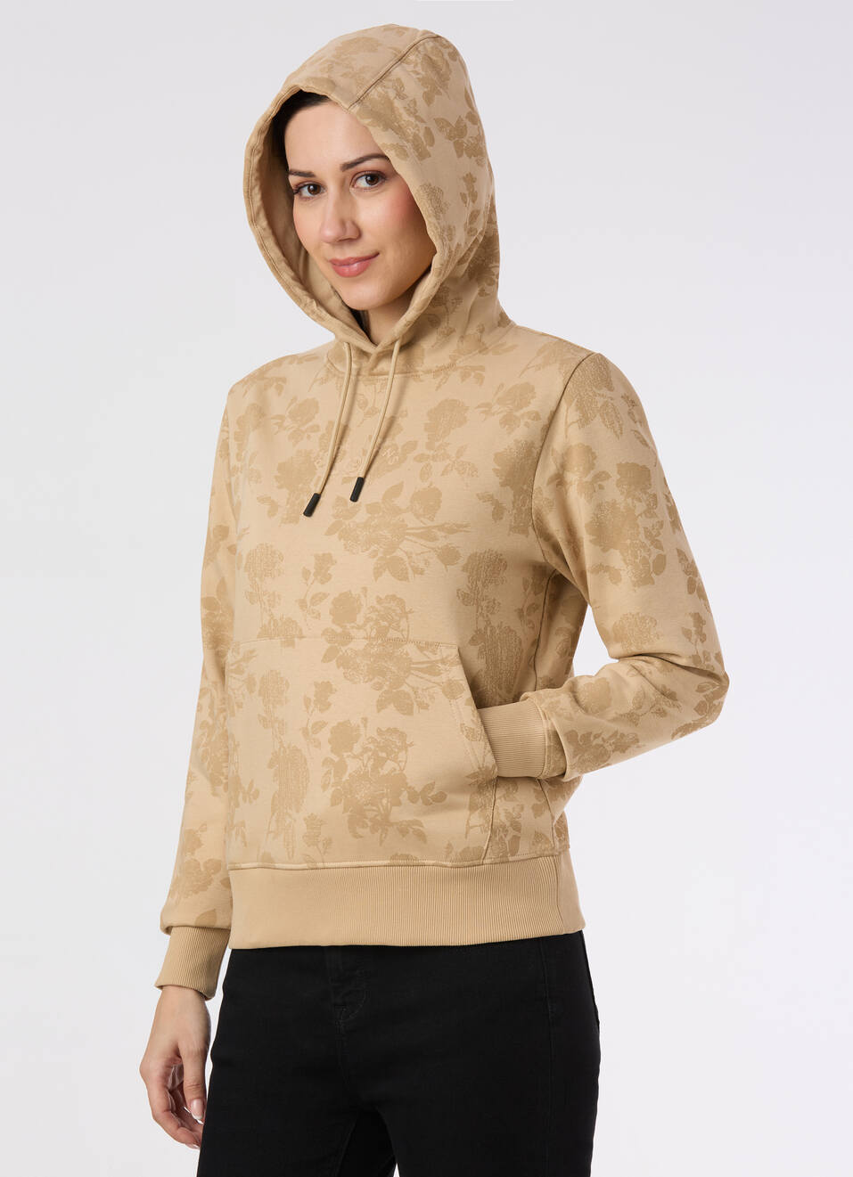 Women Beige Floral Print Hoodie Sweatshirt, , large image number 6