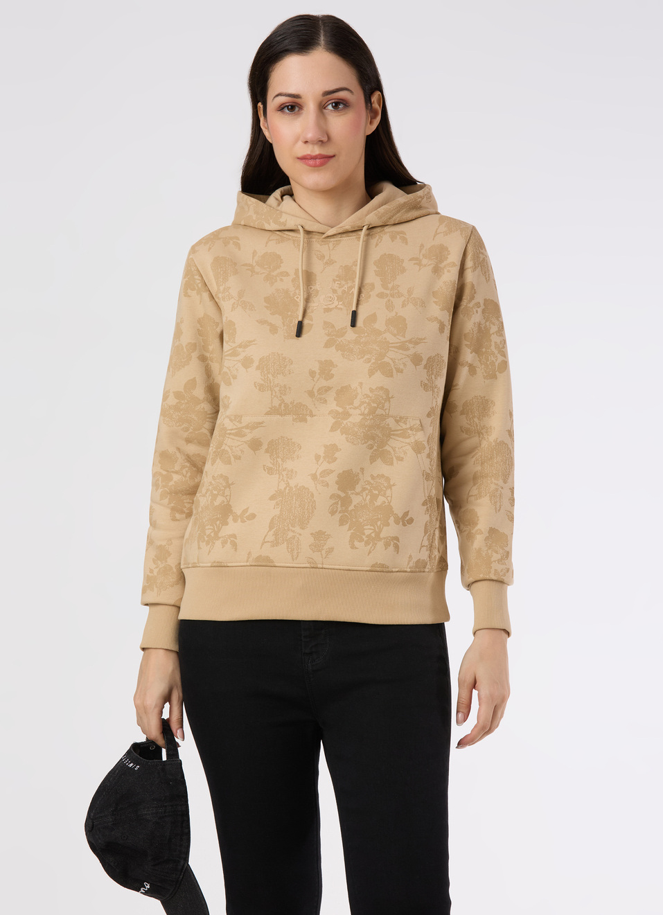 Women Beige Floral Print Hoodie Sweatshirt, , large image number 0