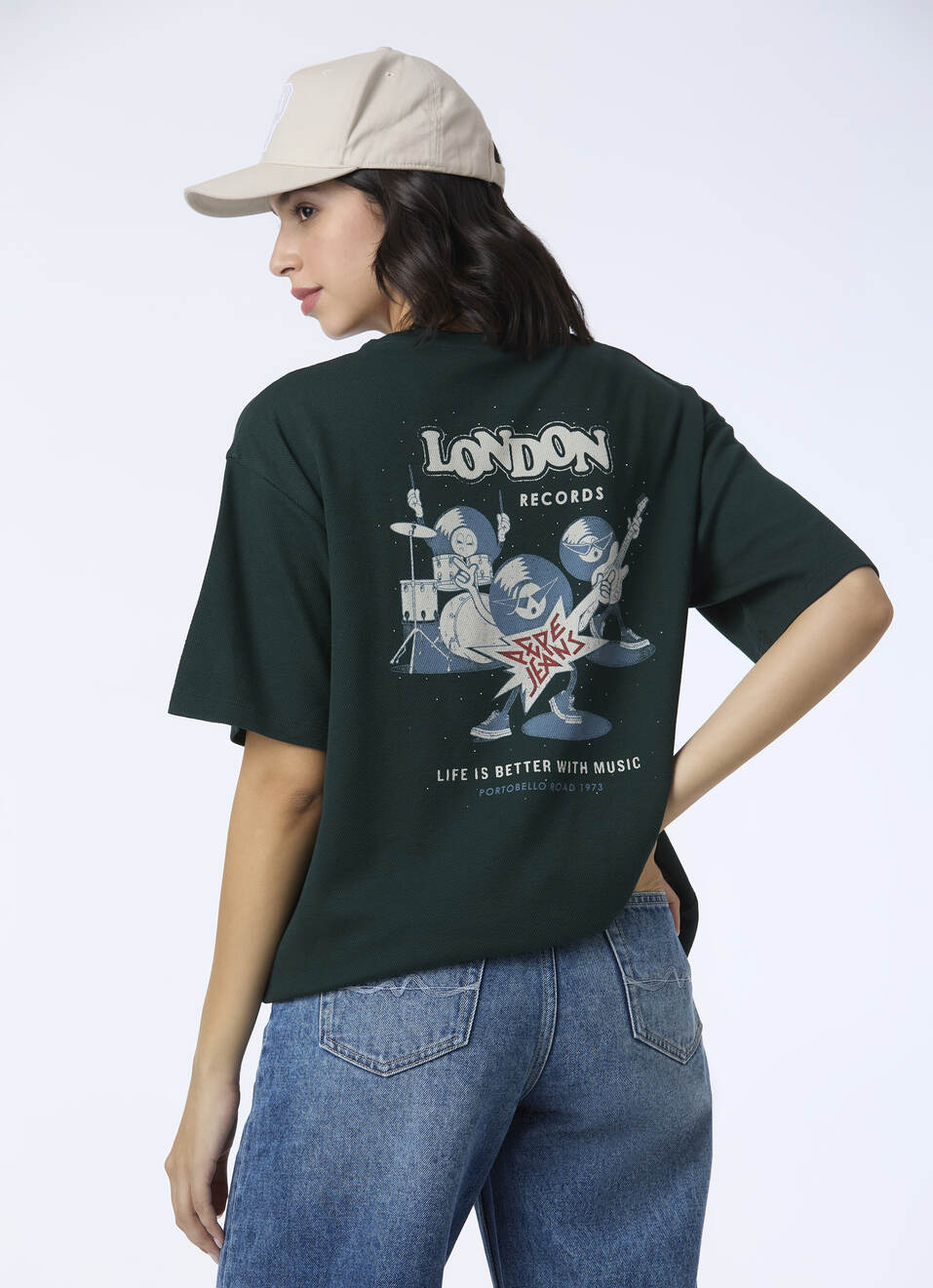 Women Dark Green Oversized Graphic Back Print T-shirt, , large image number 0