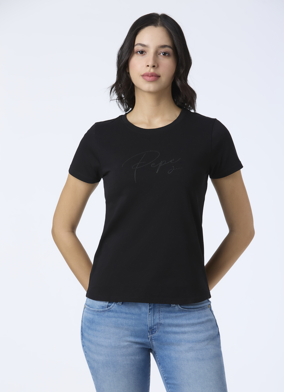 Women Black Round Neck Short Sleeve Stretch T-shirt, , large image number 1