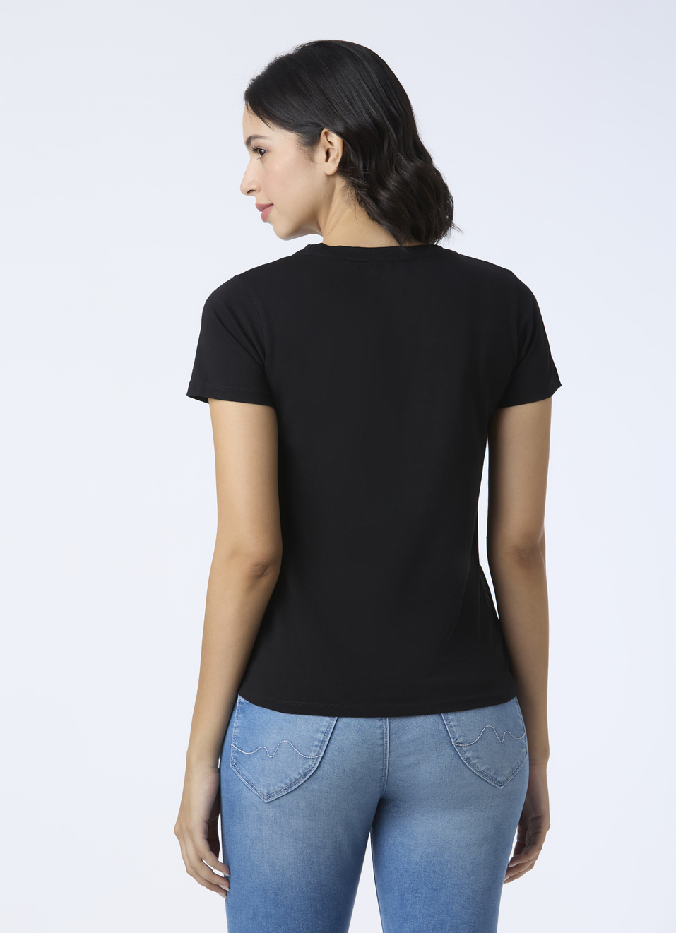 Women Black Round Neck Short Sleeve Stretch T-shirt, , large image number 2