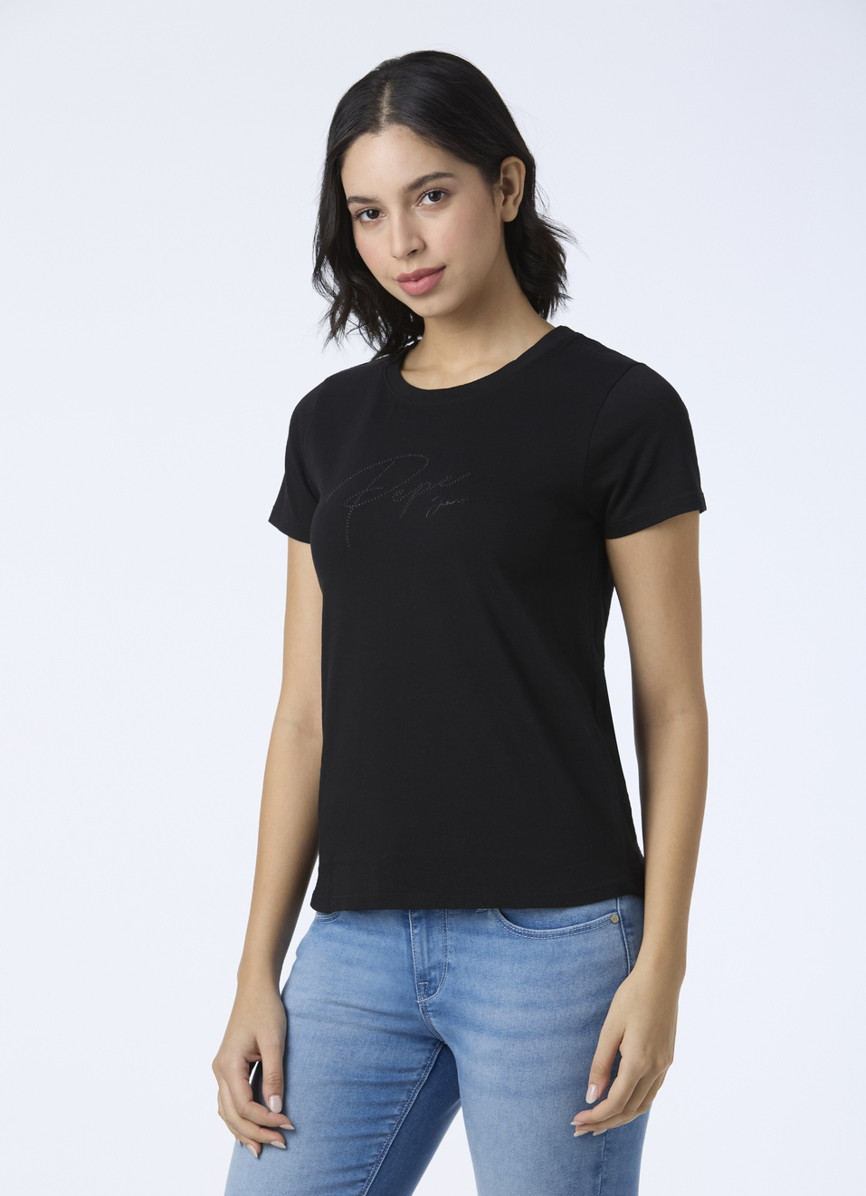 Women Black Round Neck Short Sleeve Stretch T-shirt, , large image number 3