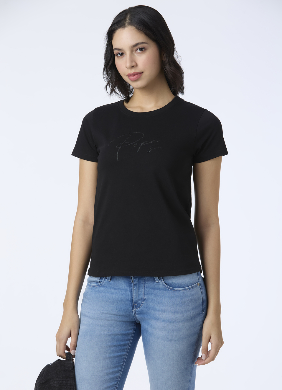 Women Black Round Neck Short Sleeve Stretch T-shirt, , large image number 0