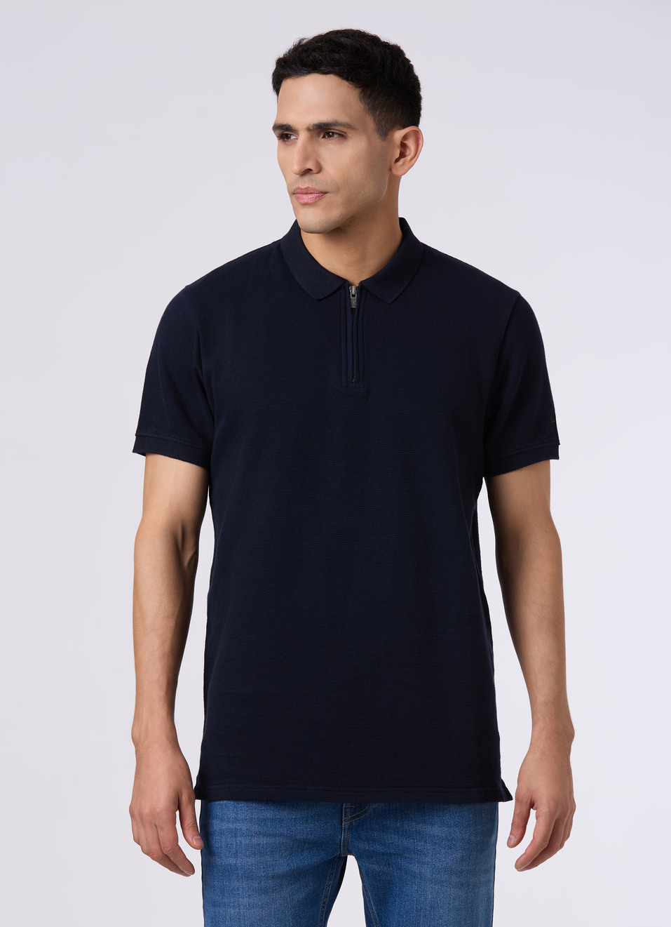 Men Navy With Zip Placket Polo, , large image number 1