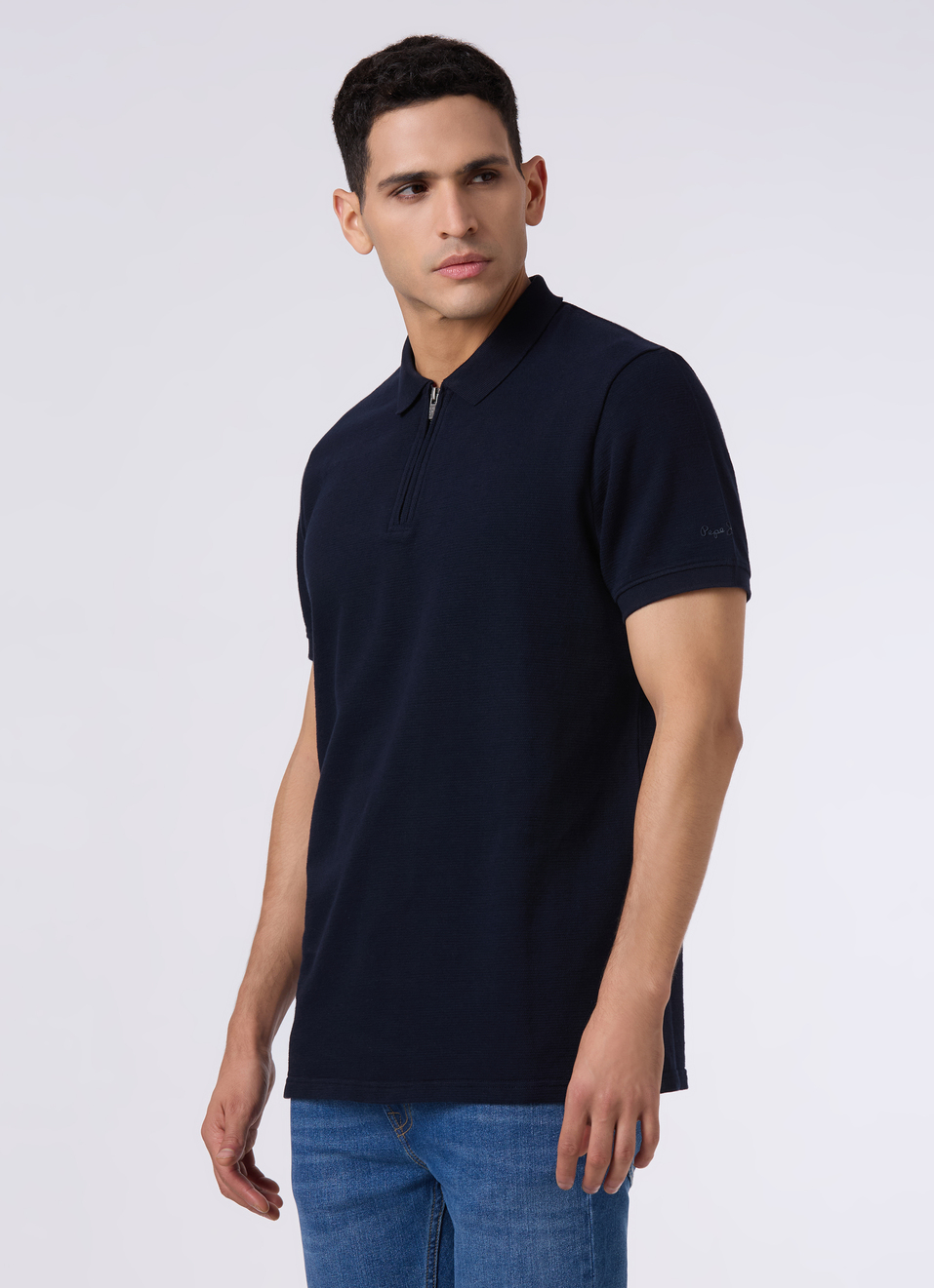 Men Navy With Zip Placket Polo, , large image number 3