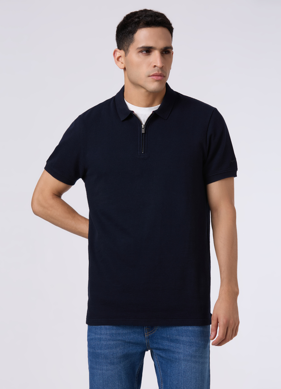 Men Navy With Zip Placket Polo, , large image number 0