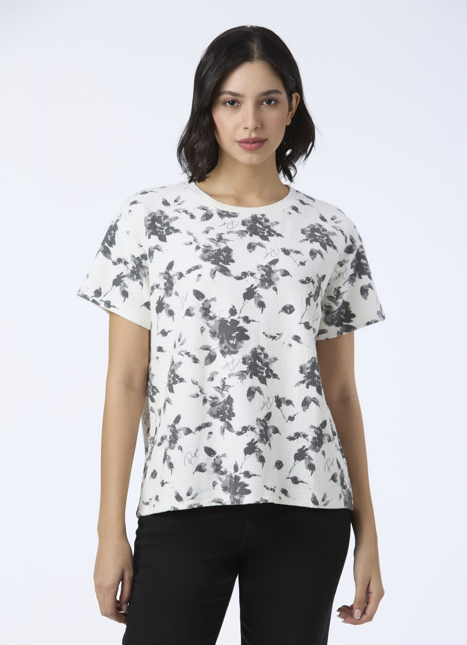 Women White Textured Floral Print T-shirt, , large image number 1